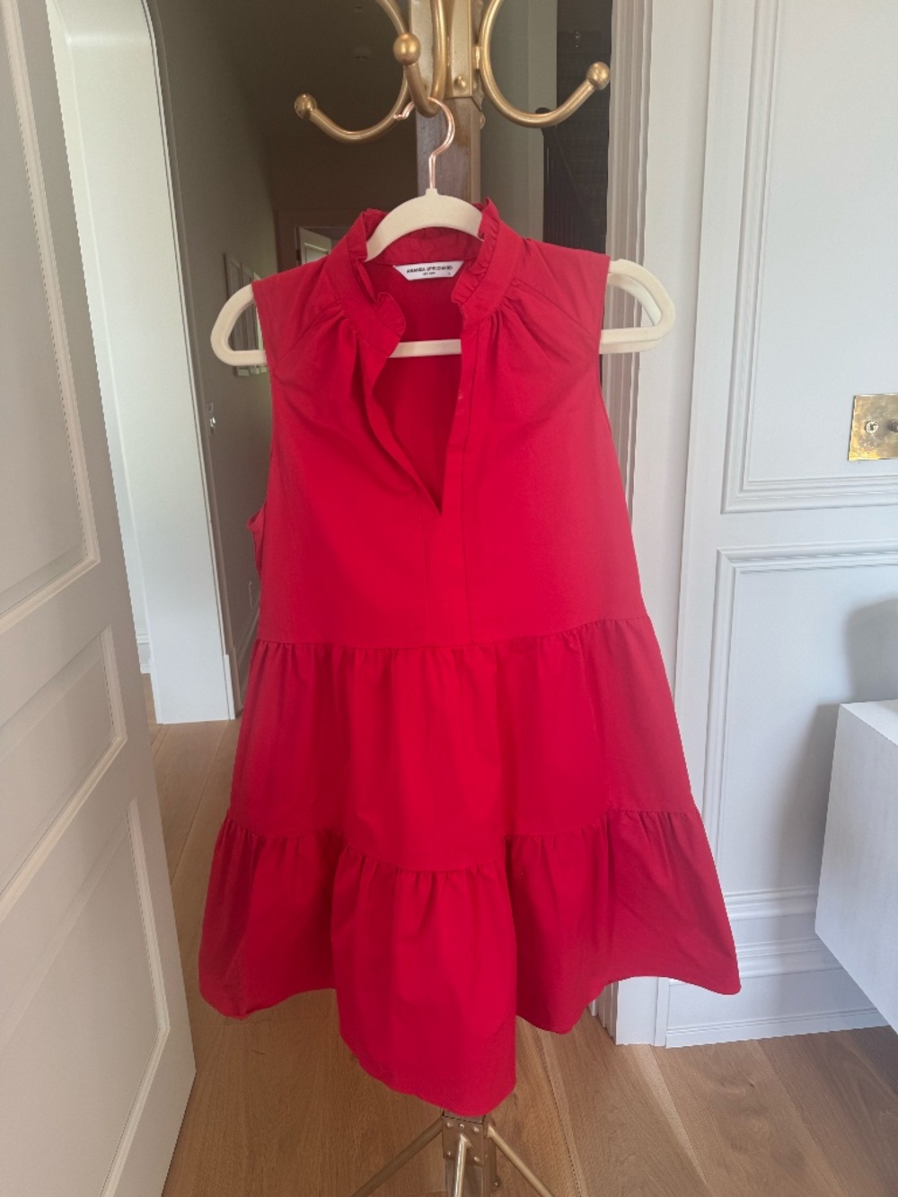 Amanda Prichard Red Tiered Ruffle Mini Dress Poplin Sleeveless